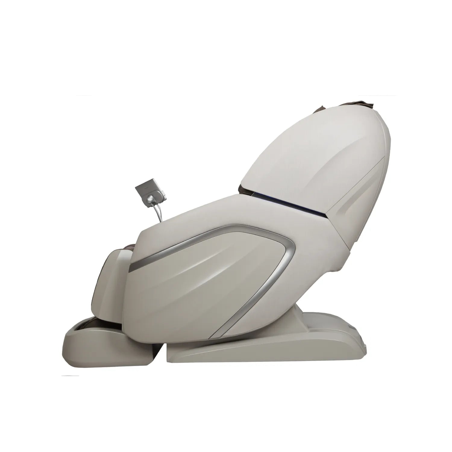 Taupe cream colored massage chair reclined in a side profile view