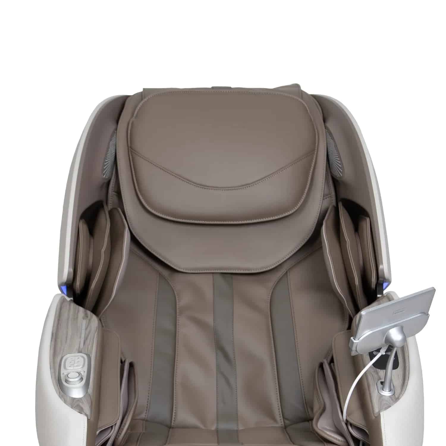 Upper portion of a taupe and white leather massage chair with controls and tablet holder