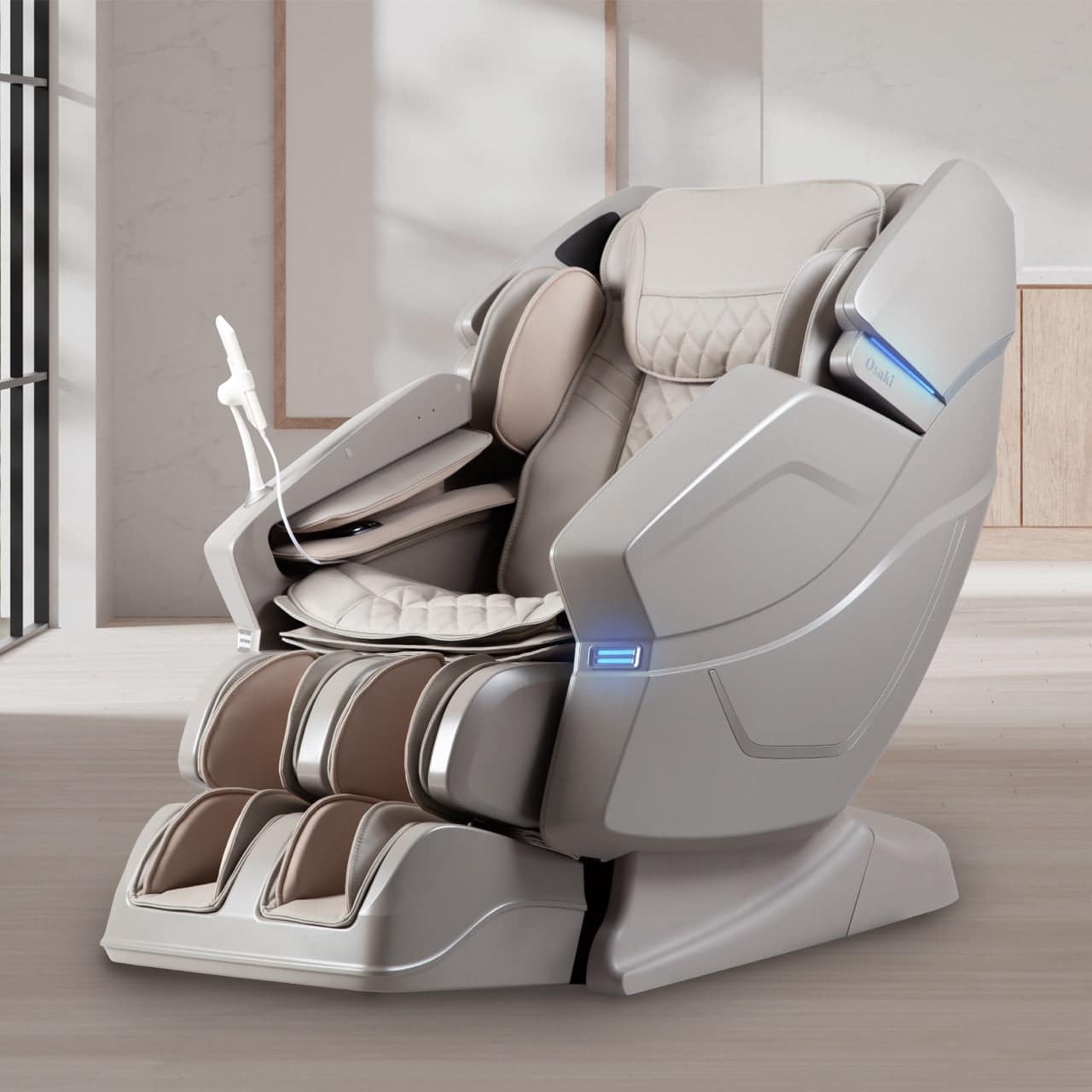 Light gray and beige Vito massage chair in a modern room with a window