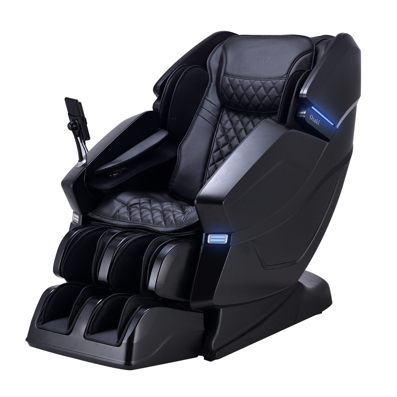 Black Vito massage chair with quilted seat and blue LED accents on a white background