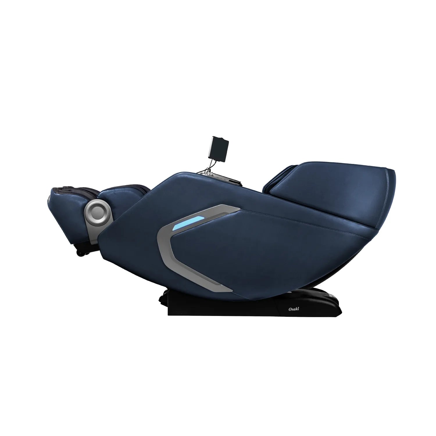 Bravo Duo Flex dark blue massage chair with a silver and light blue trim