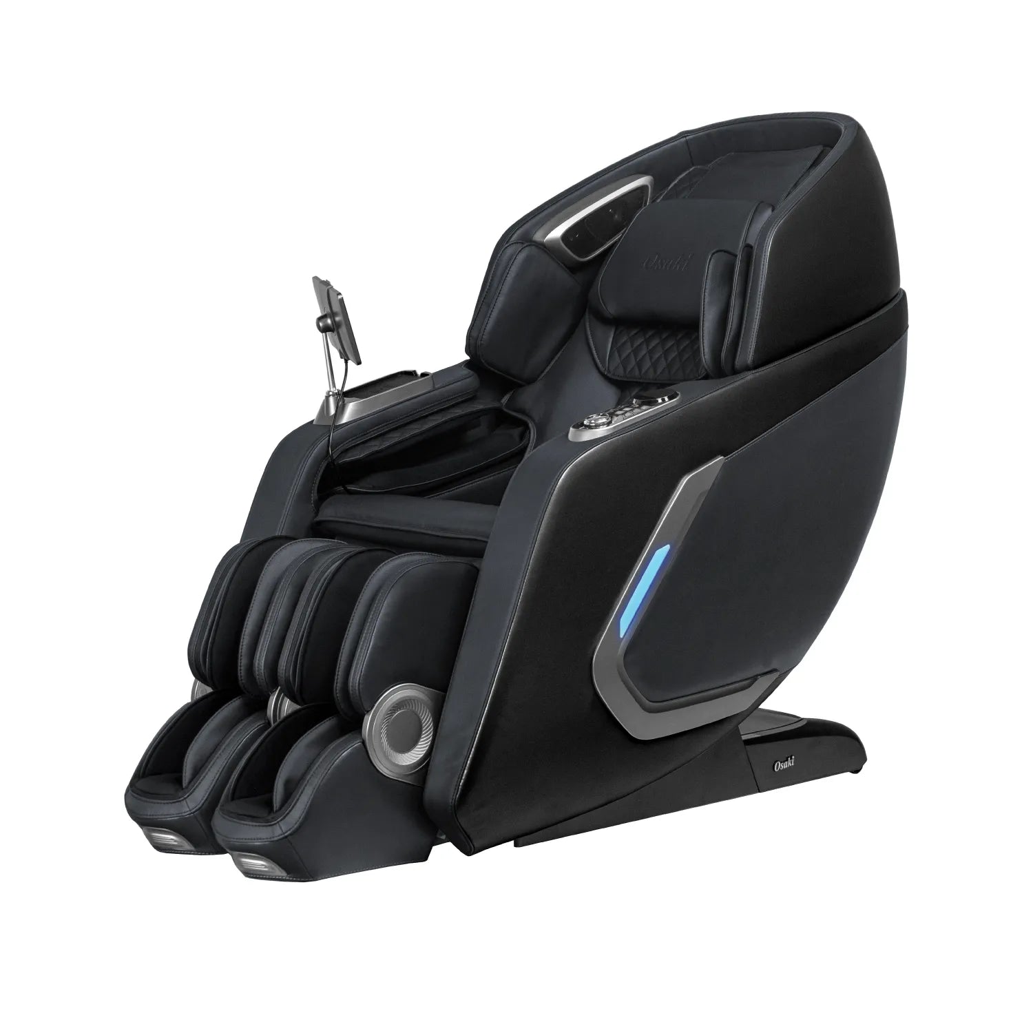 Black Osaki Bravo Duo Flex massage chair with tablet holder on white background.