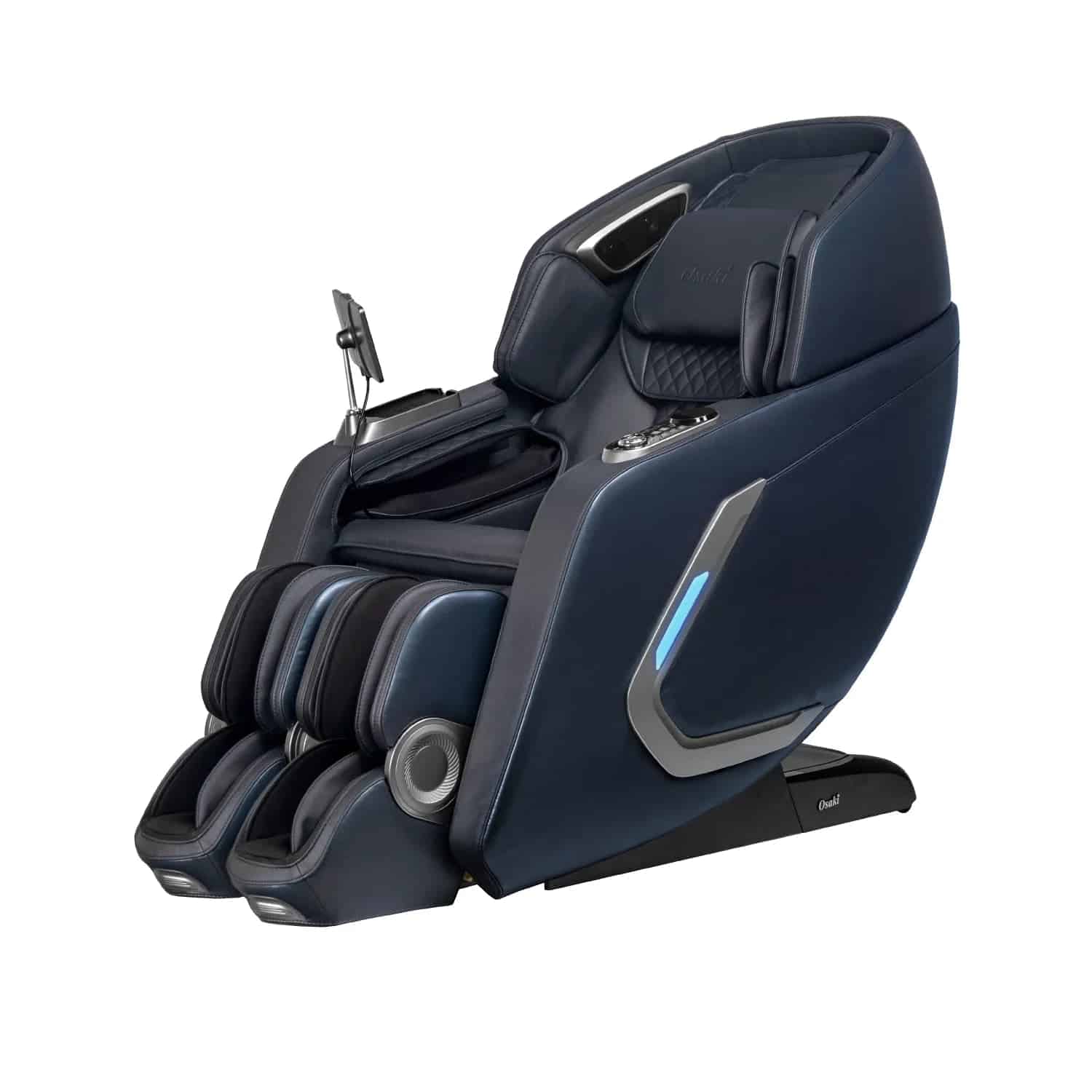 Bravo Duo Flex massage chair in dark blue leather with silver accents.