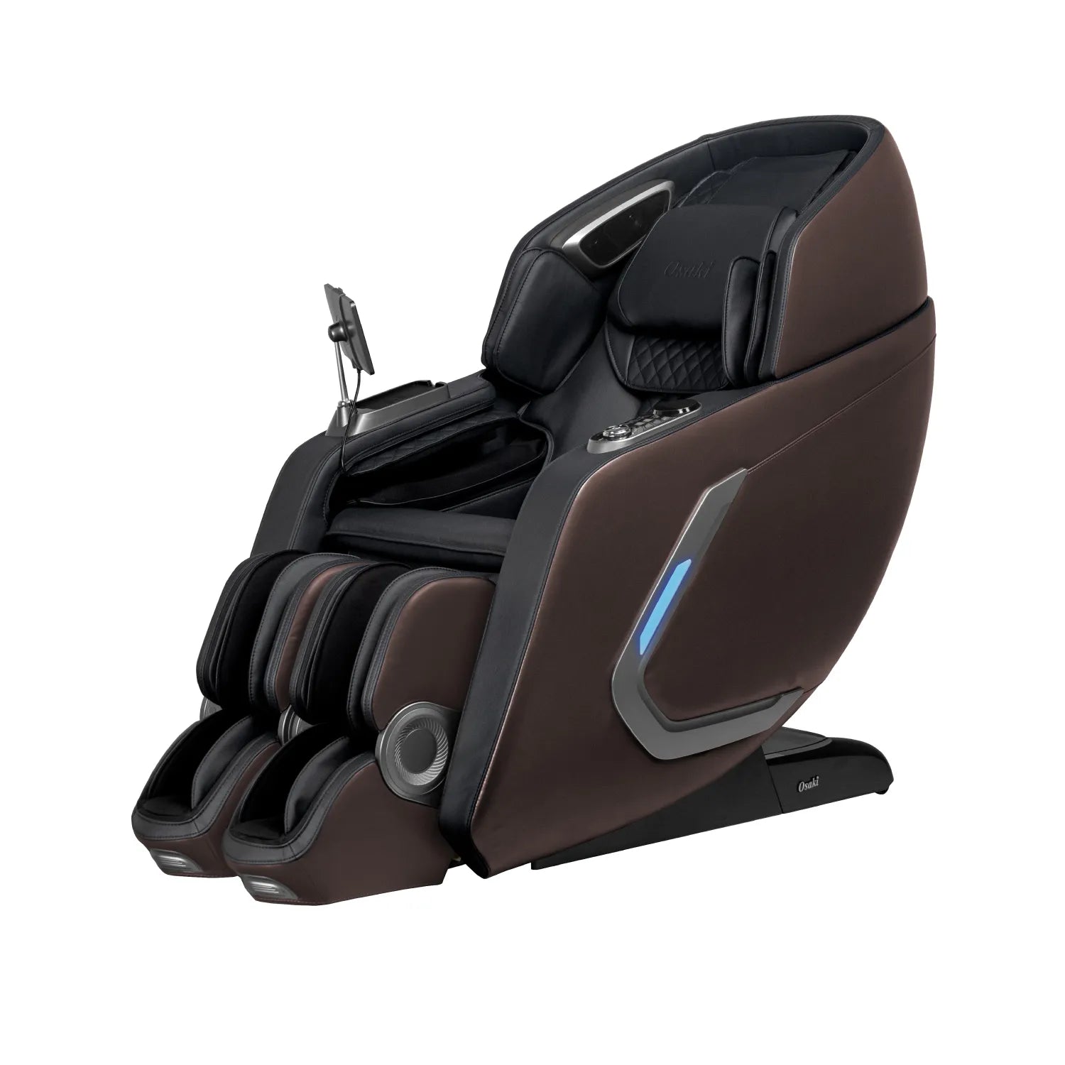 Bravo Duo Flex massage chair in brown and black leather with blue light accent