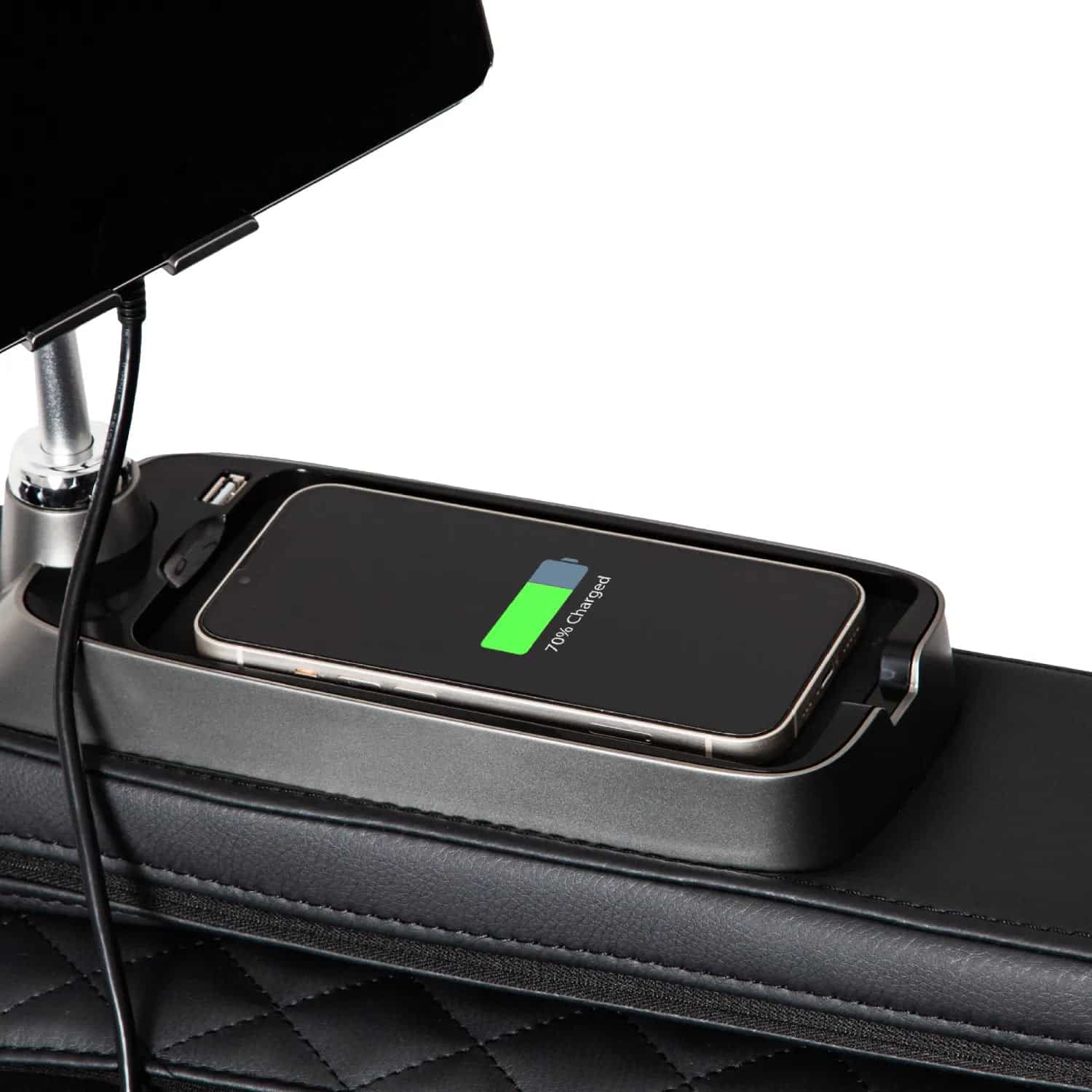 Bravo Duo Flex phone charging station with a partially charged smartphone on a black quilted surface
