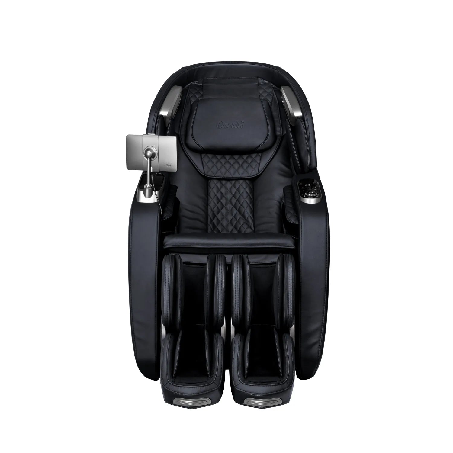 Black faux leather robotic massage chair with integrated display on the left armrest.