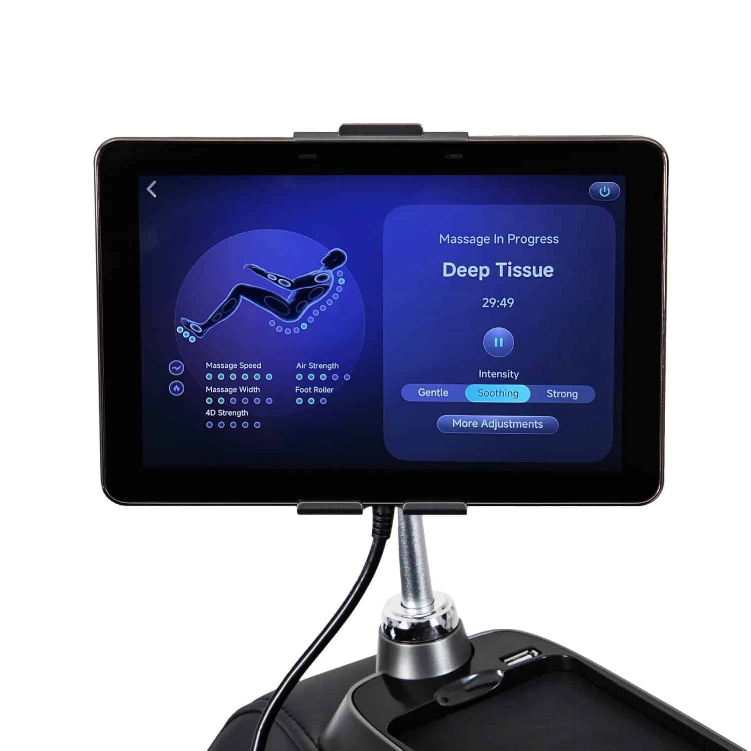 Bravo Duo Flex tablet controller displaying Deep Tissue massage in progress settings.
