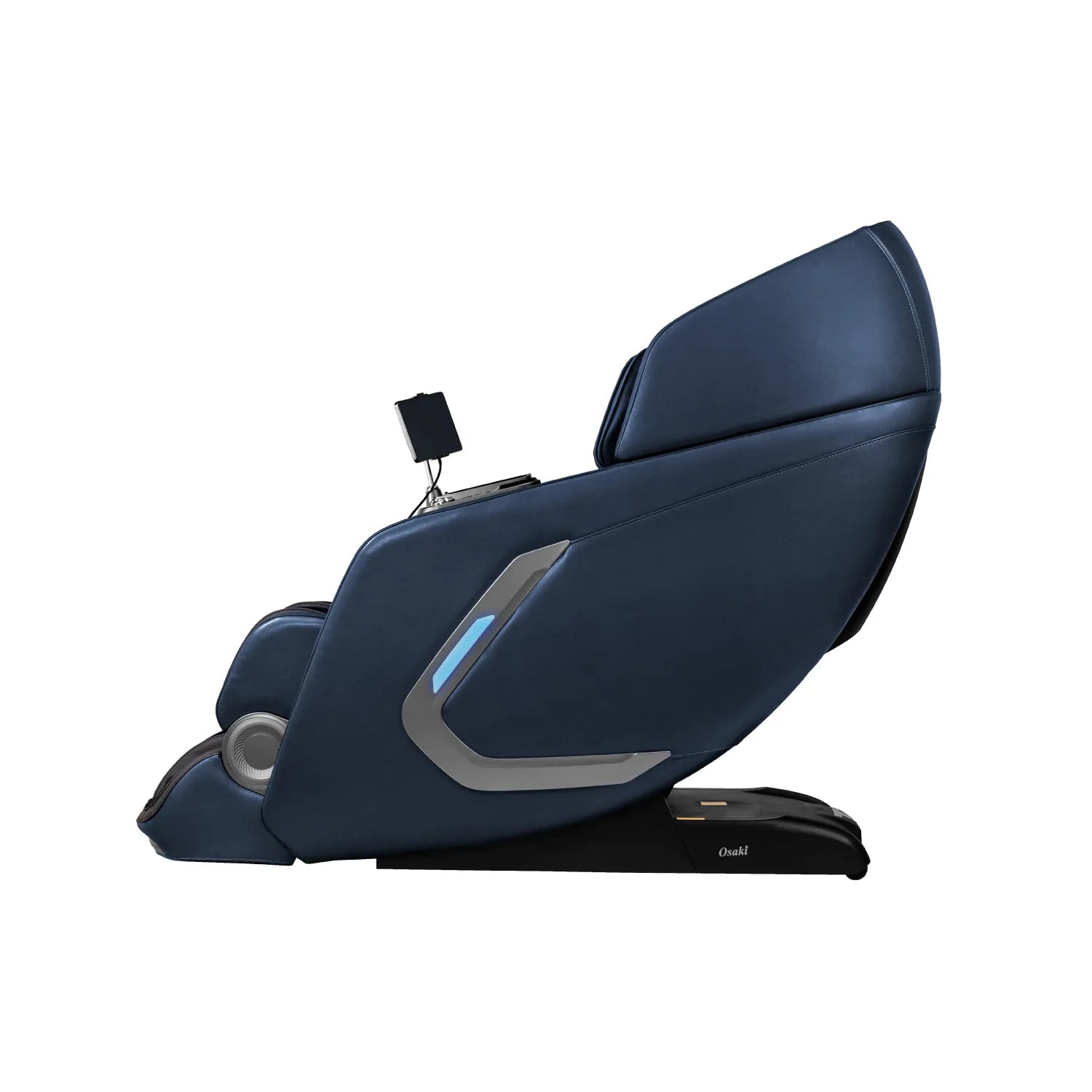 Side view of the blue Bravo Duo Flex massage chair with a remote