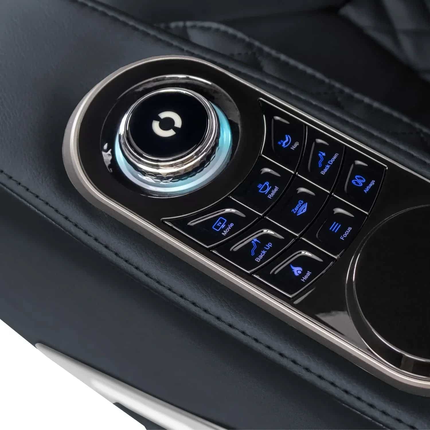 Bravo Duo Flex massage chair remote control panel showing blue illuminated buttons and dial