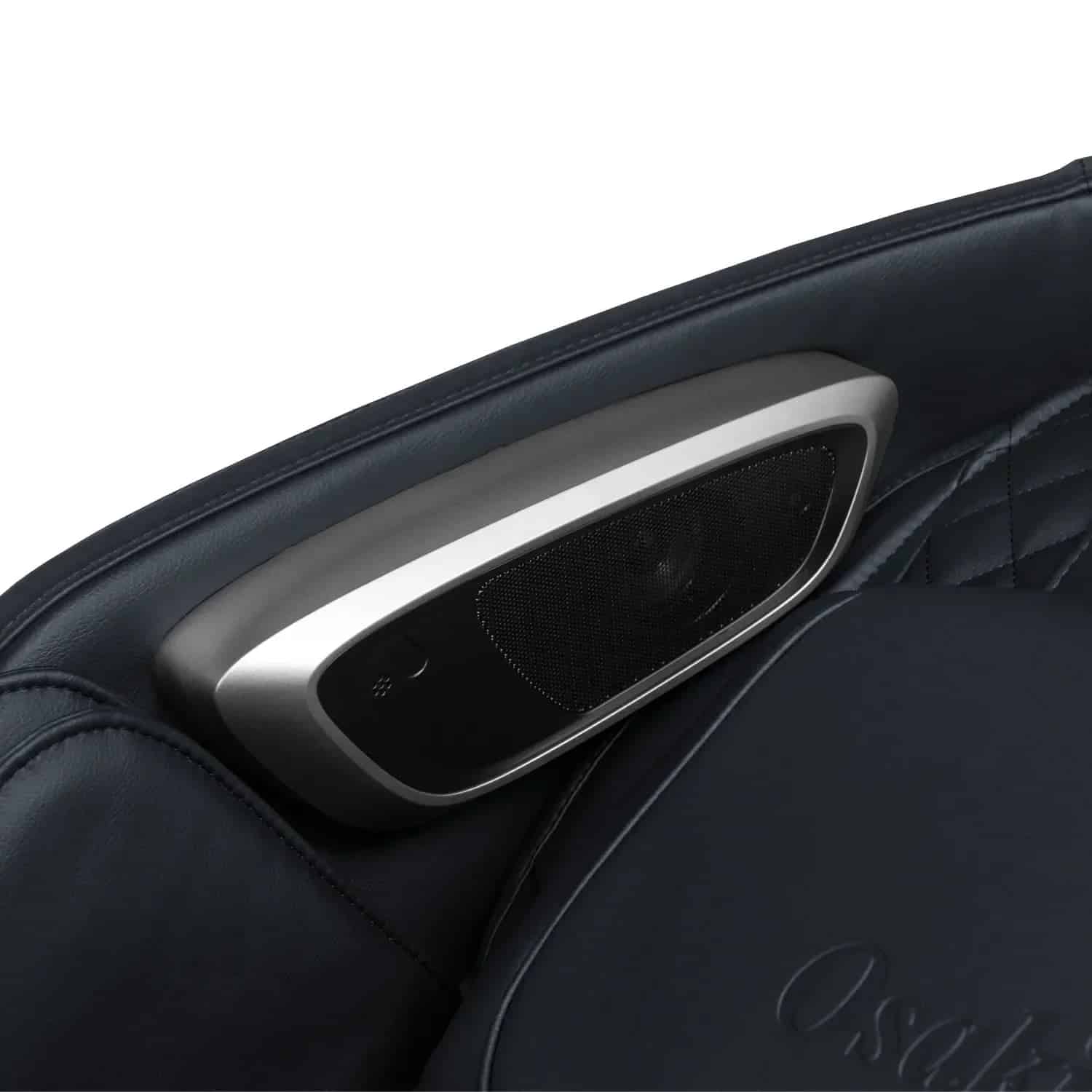 Bravo Duo Flex speakers attached to the black upholstered side of a massage chair