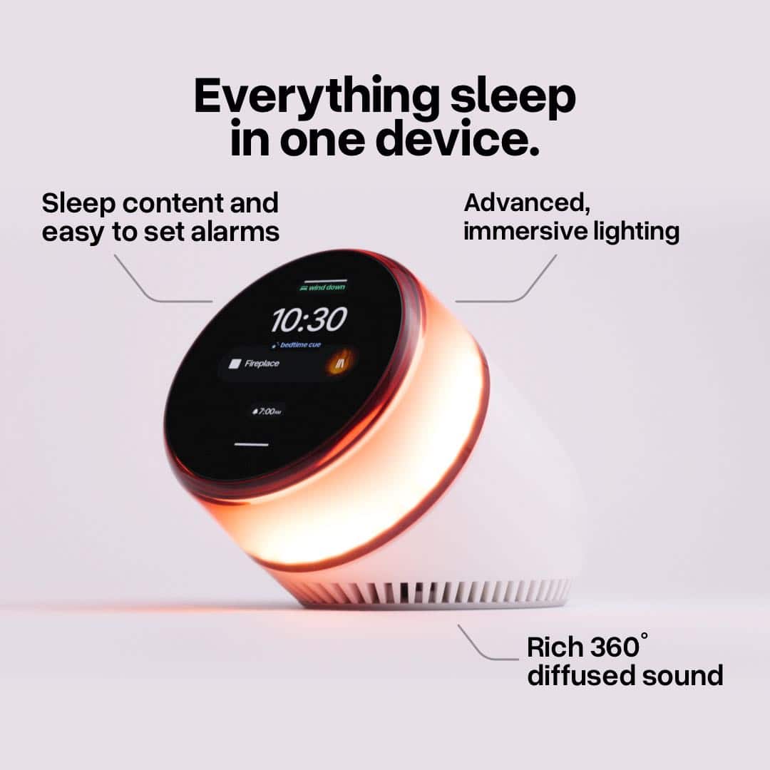 Dreamie bedside clock with illuminated surround and product feature labels