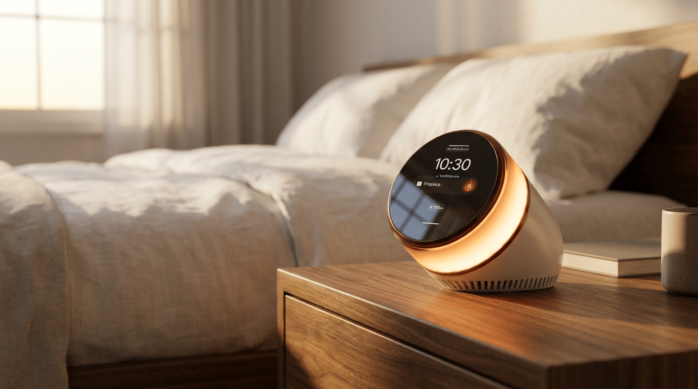 Hello Ambient Dreamie smart alarm clock on a walnut nightstand at sunrise