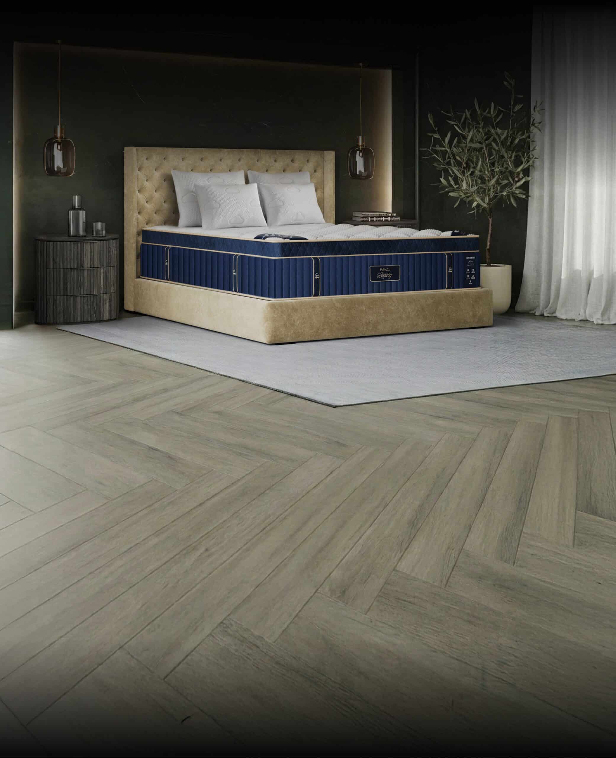 Puffy Legacy mattress and bed frame in a modern bedroom with pendant light fixtures