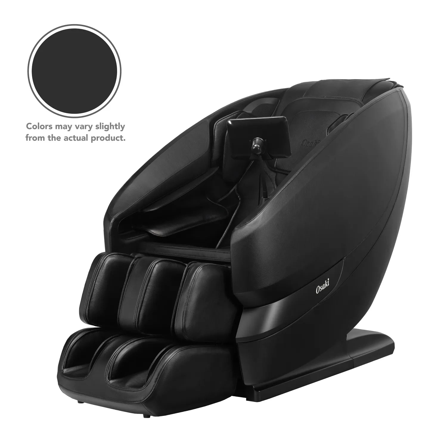 Black full recline Osaki Oasis massage chair with plush seating and feet inserts