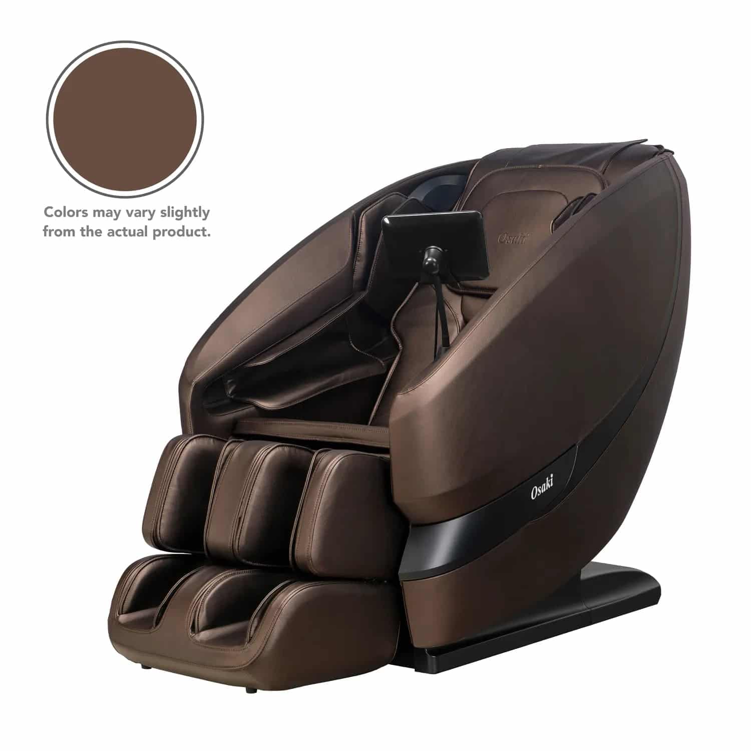Brown leather Oasis massage chair with black accents and a digital screen