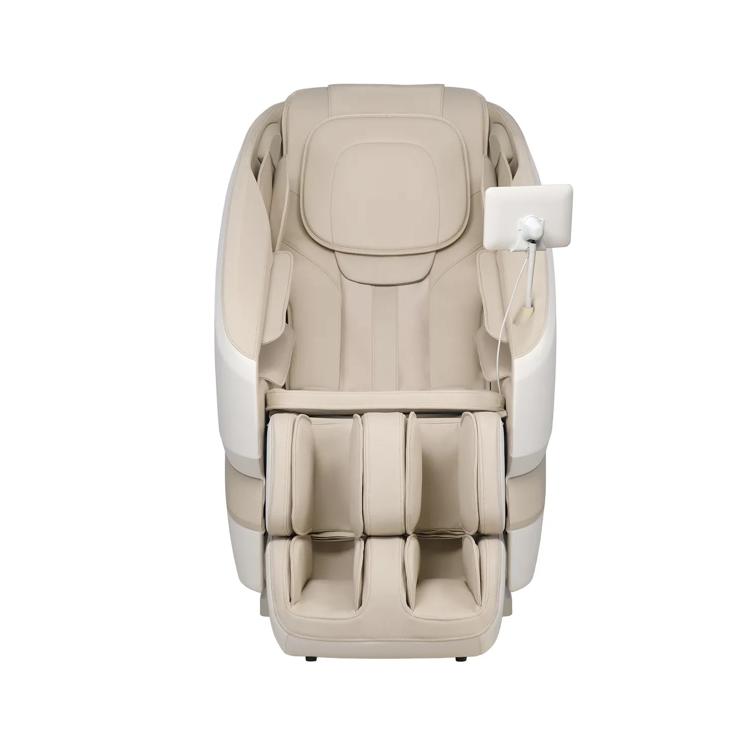 Front view of the cream-colored Oasis massage chair with white accents and tablet