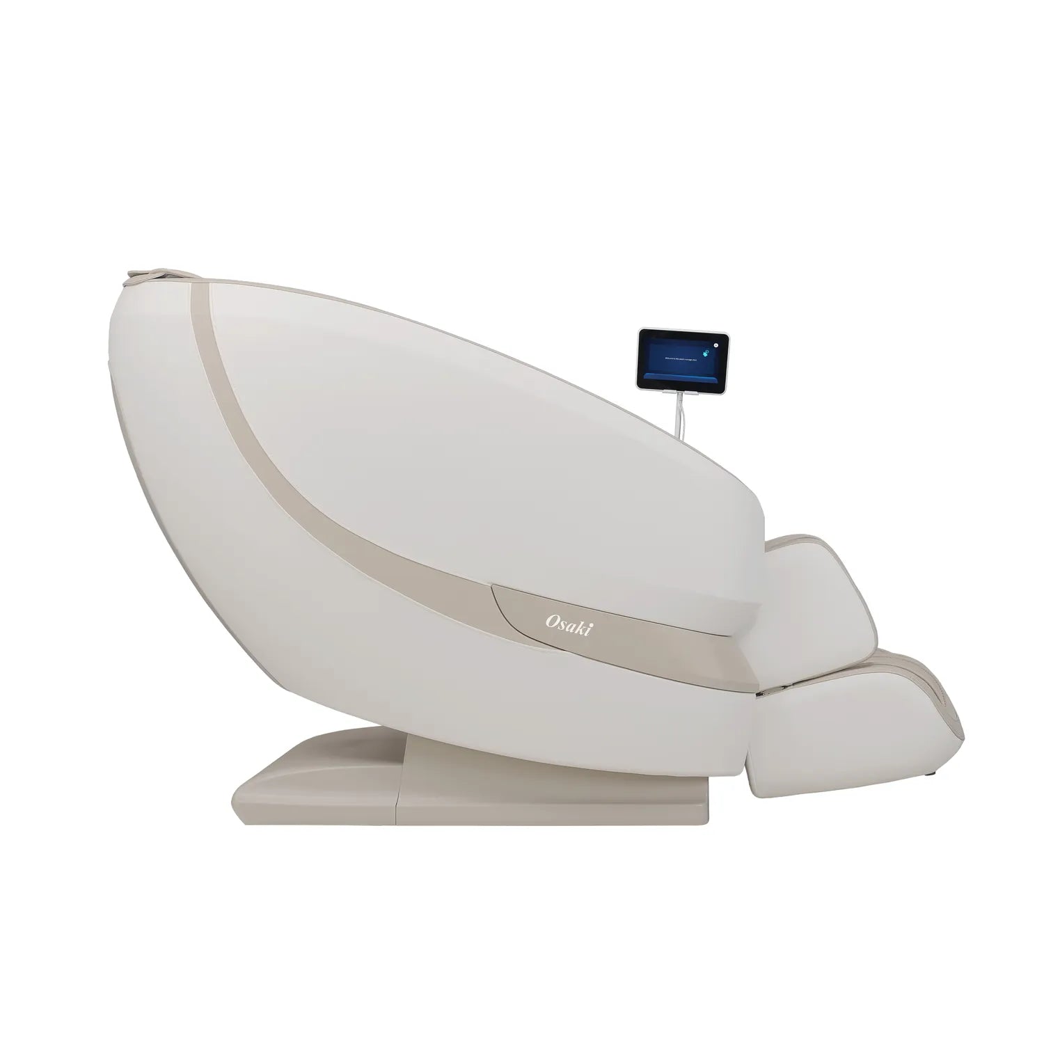White Osaki Oasis massage chair from the side with a viewing screen