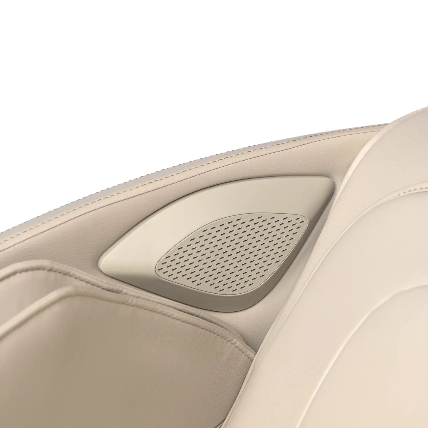 Gray speaker grill and housing within a cream-colored upholstered seat.