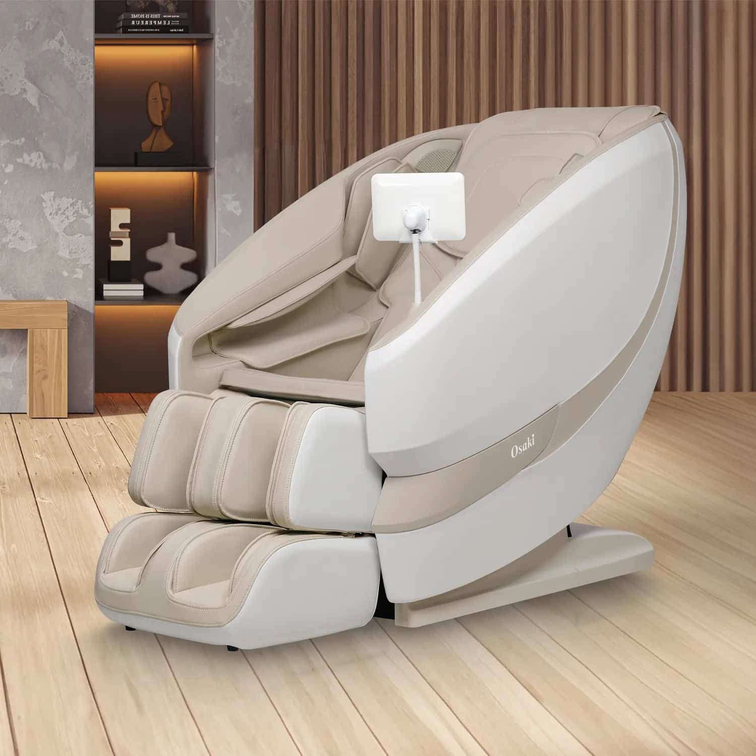 Oasis massage chair in taupe with white trim in a modern setting on wood floors