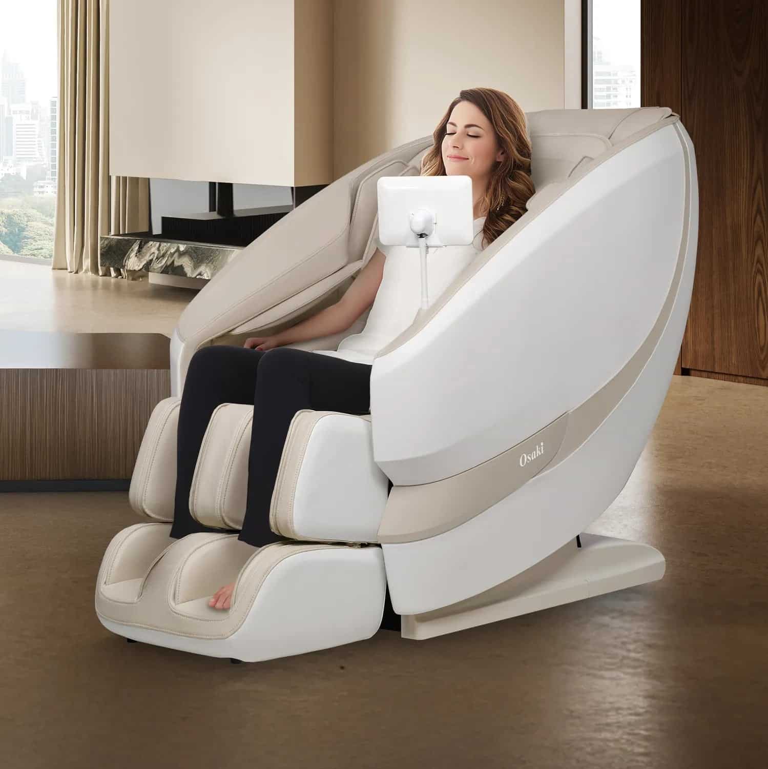 Woman with eyes closed relaxing in an Osaki taupe Oasis massage chair