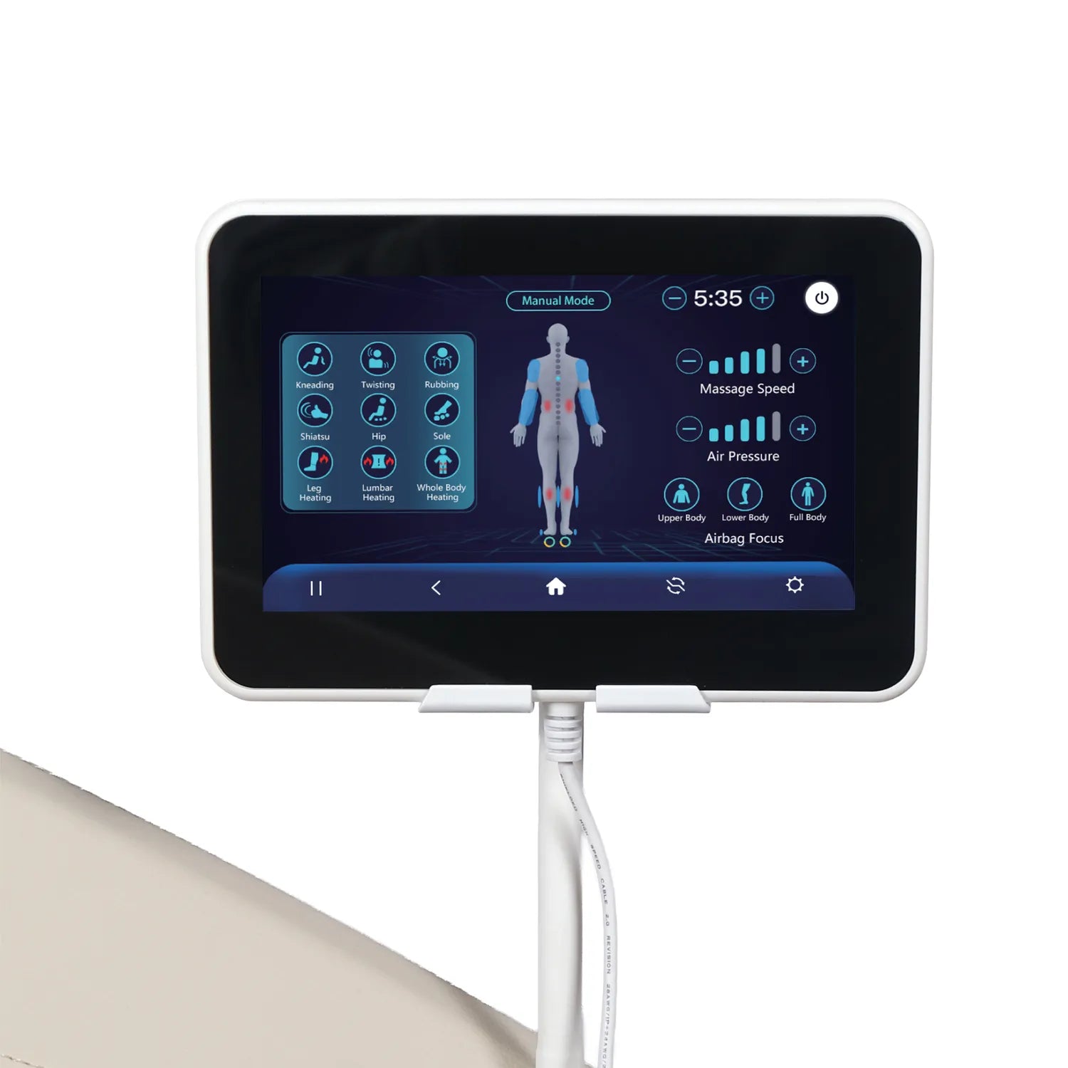 Oasis touchscreen controller displaying various massage and heating options with a white cable below