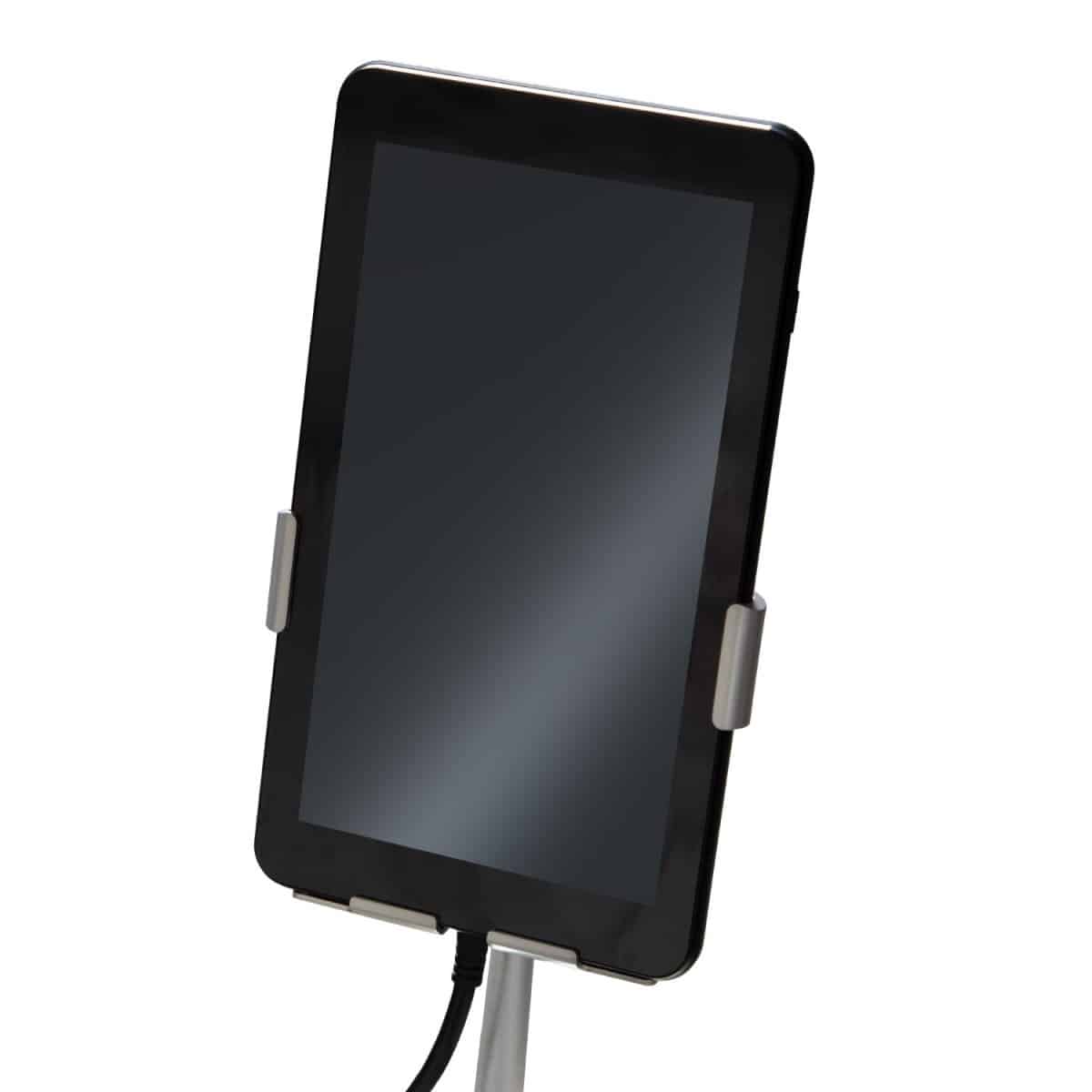 Black tablet with a blank screen, held upright in a brushed metal stand