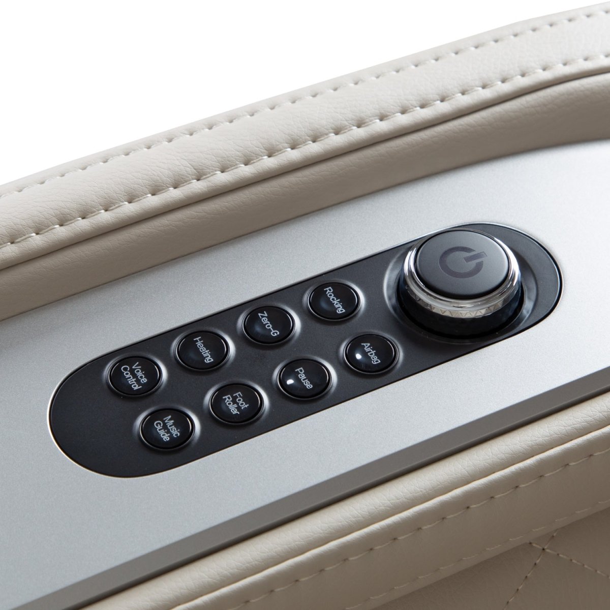 Osaki Helix LE Taupe massage chair armrest with control panel buttons for functions.