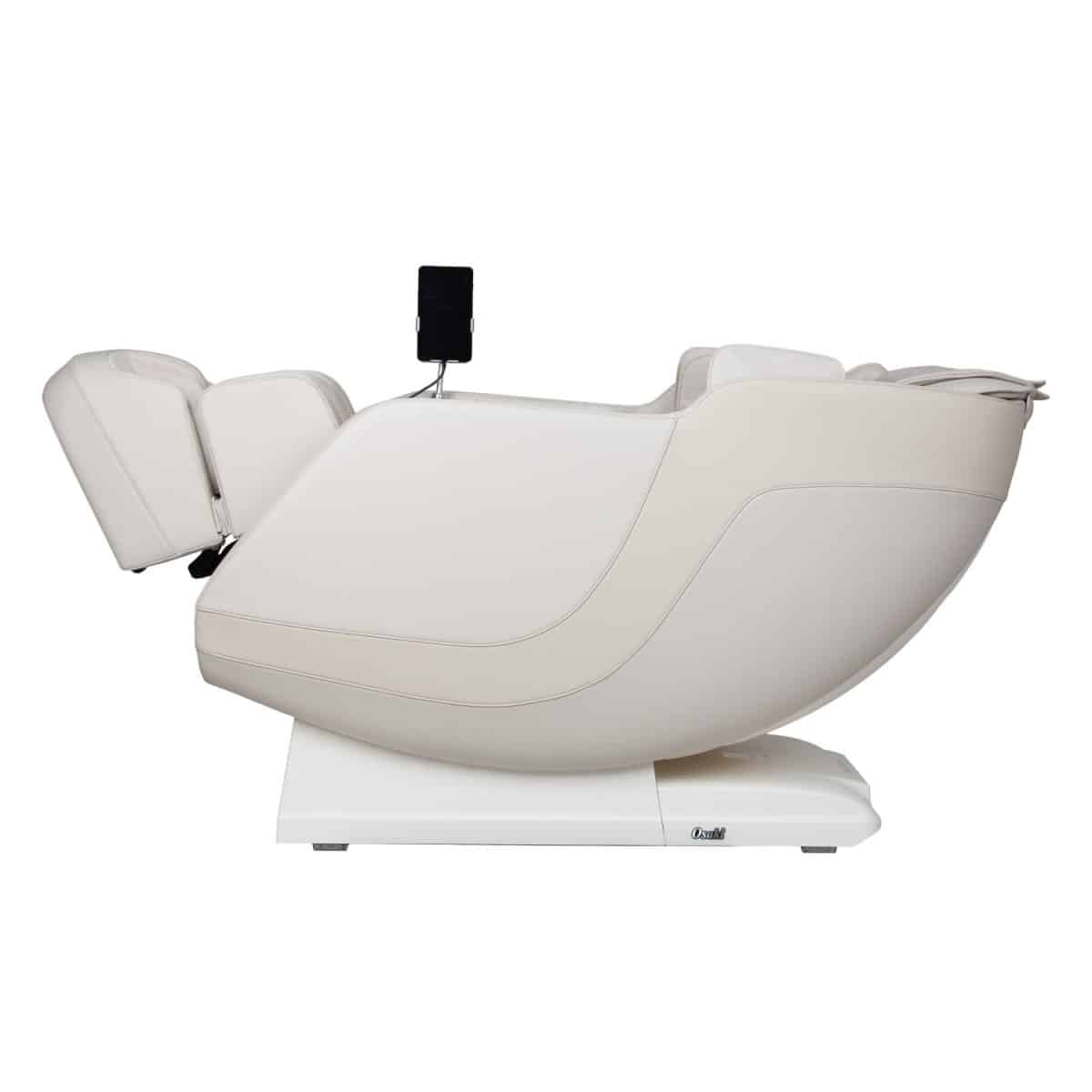 Osaki Helix LE taupe colored massage chair with a remote control, side view