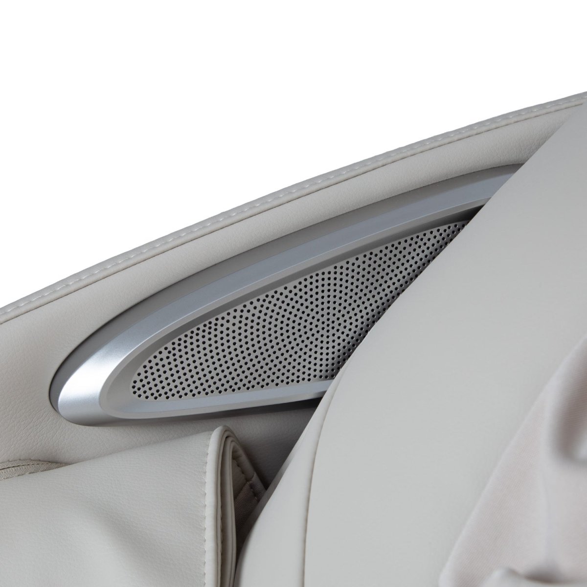 Close up of the Osaki Helix LE taupe massage chair speaker and armrest
