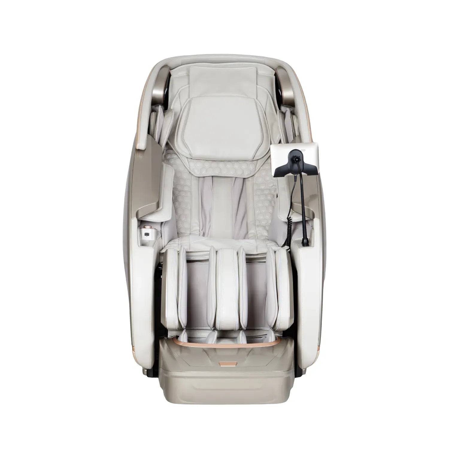 Front view of the Sapphire massage chair in light grey and champagne gold