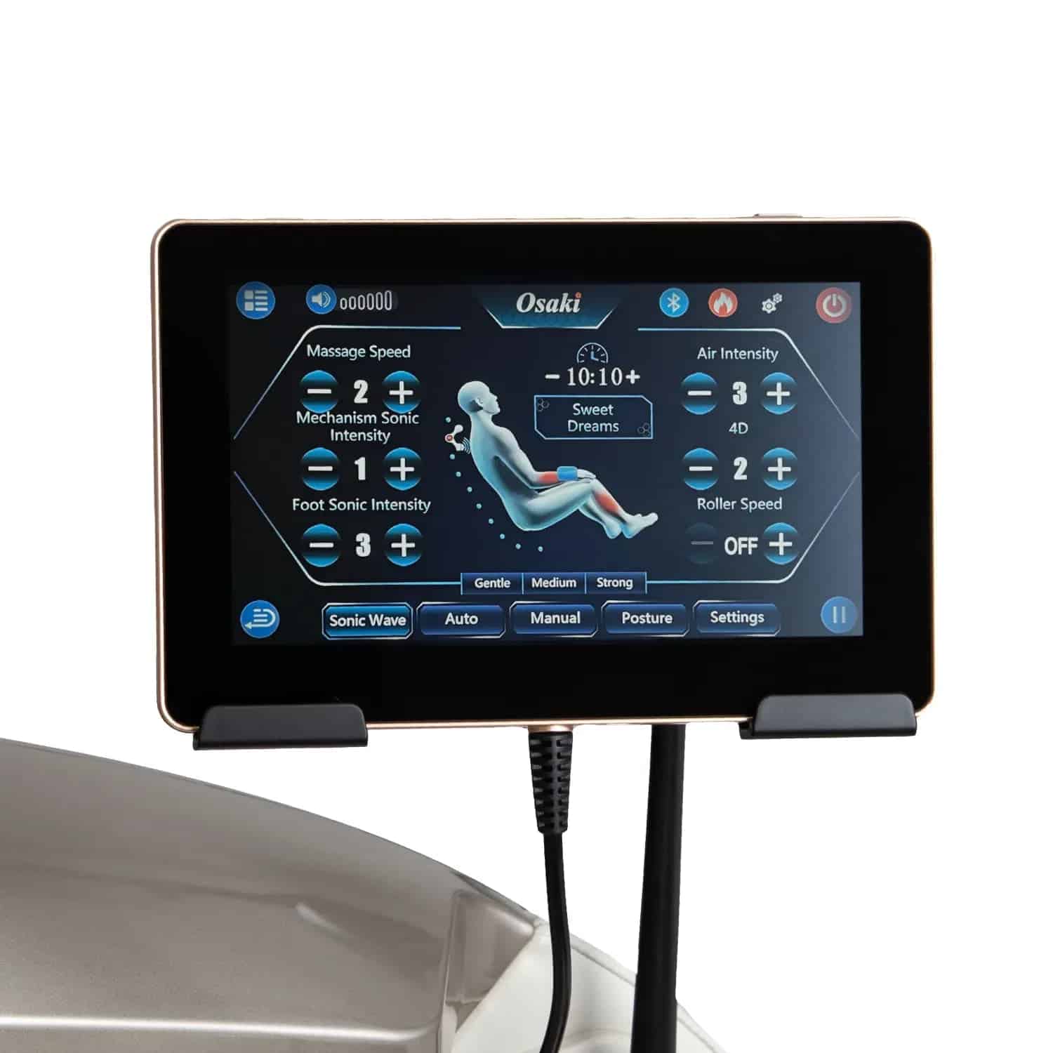 Osaki sapphire touchscreen with control interface for massage chair functions on a white background