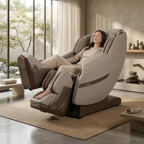 Woman relaxing in a brown and beige Solo brown Osaki massage chair.