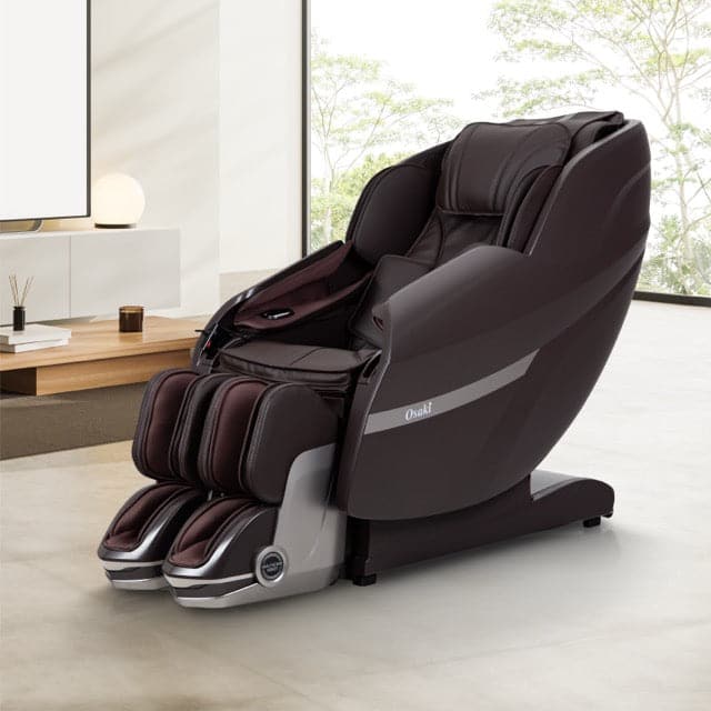 Osaki Solo Flex massage chair in dark brown with gray accents in a modern living room