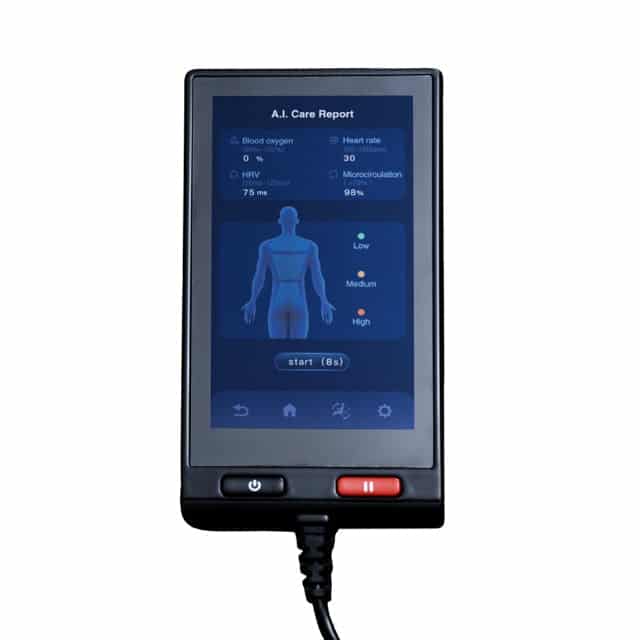 Black Solo Flex 1500px remote with illuminated display showing A.I. Care Report
