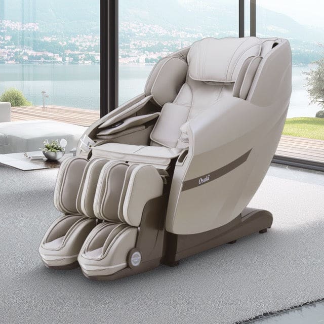 Taupe Solo Flex massage chair on gray carpet in a modern room with a lake view