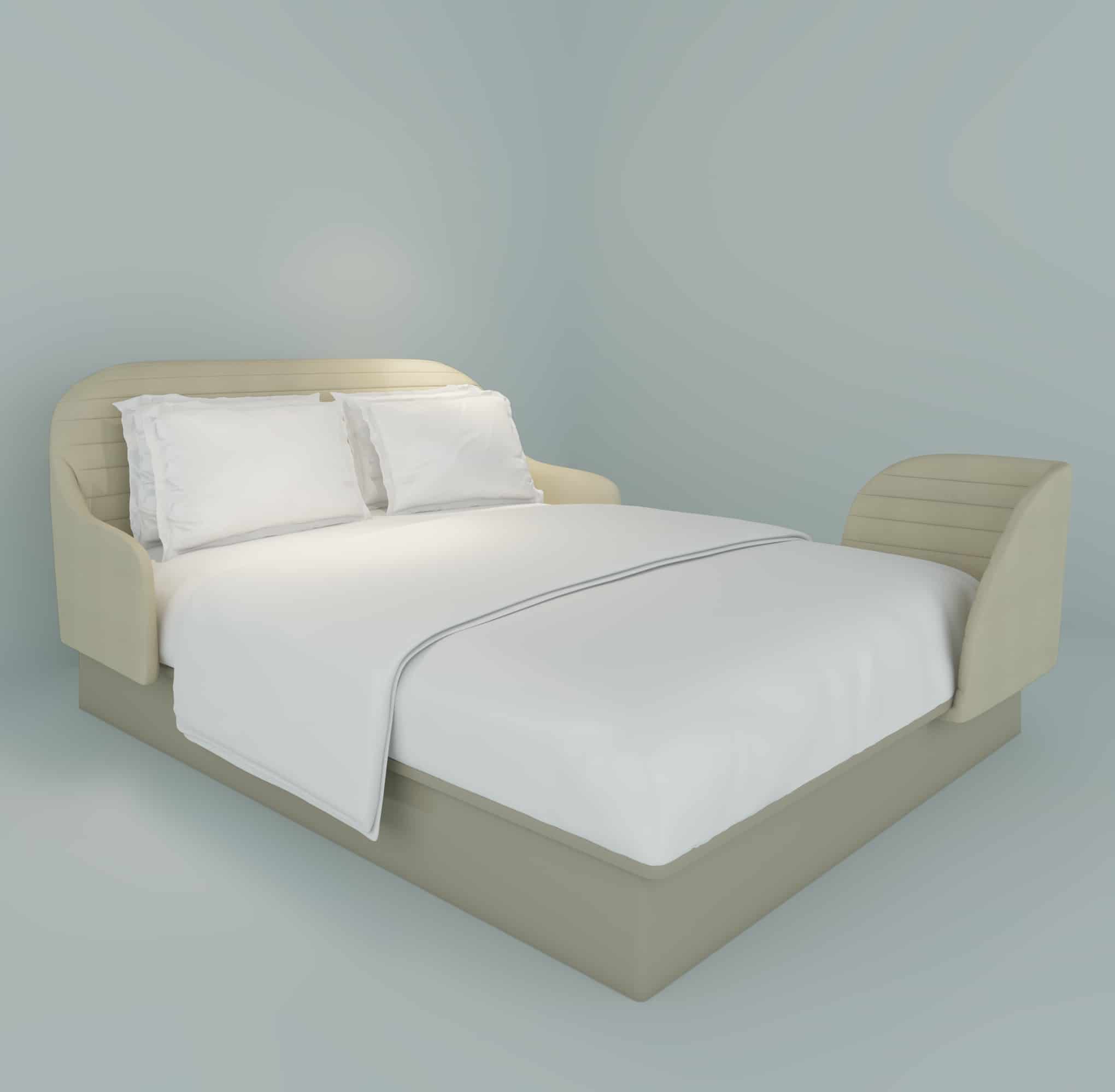 Virgin Hotels Lounge Bed perspective view showing 120-degree padded headboard and corner foot seat