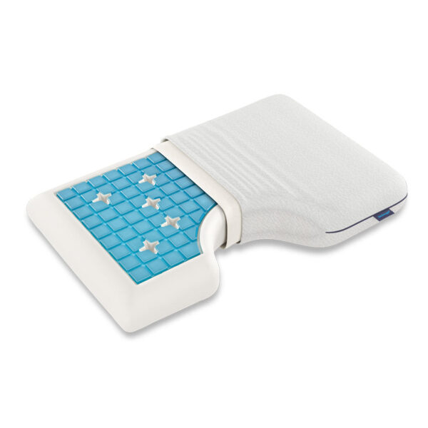 A Technogel Side Sleeper Medium pillow with blue gel squares and star-shaped cutouts.