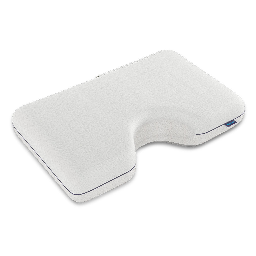 Technogel SideSleeperPillowThick full web clip in white with blue piping.