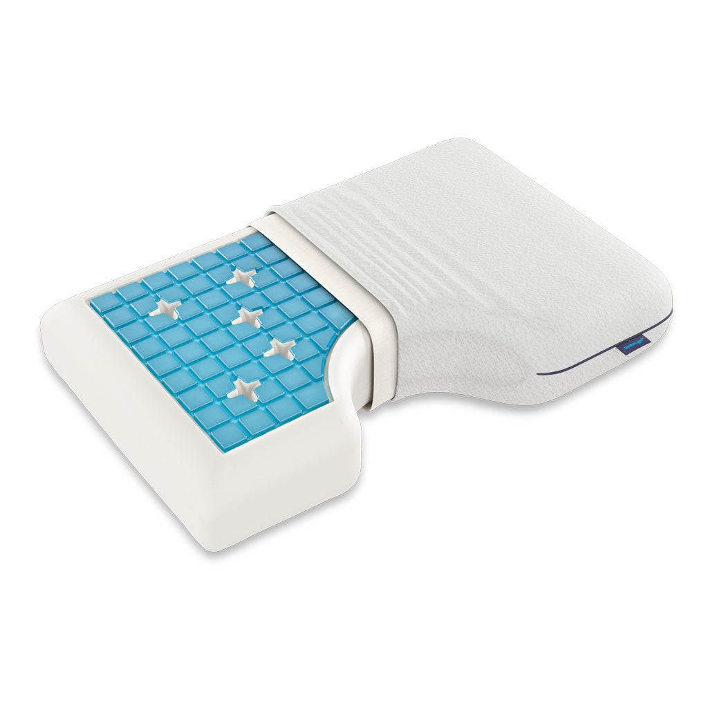 Cross-section of a white Technogel SideSleeper Pillow with blue gel layer and star cutouts