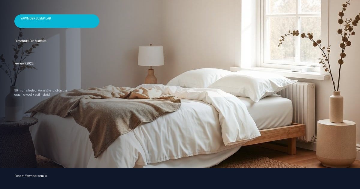 Parachute Eco Mattress in a cozy bedroom with white bedding and a neutral throw blanket.