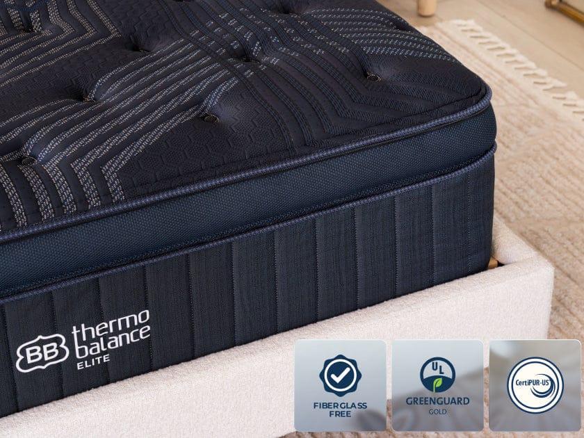 ThermoBalance Elite mattress corner with Greenguard Gold and CertiPUR-US badges
