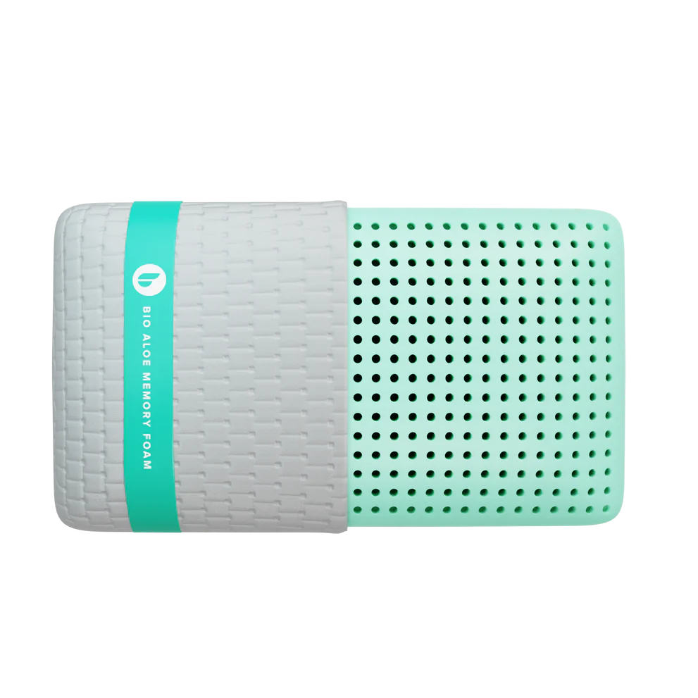 Blue Sleep Aloe Pillow with white textured cover and visible green perforated core