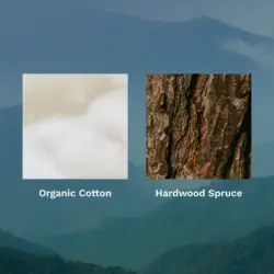 Texture swatches of organic cotton and hardwood spruce over a mountain landscape