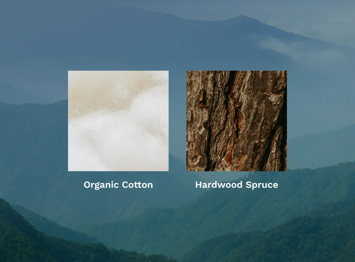 Texture swatches of organic cotton and hardwood spruce over a mountain landscape