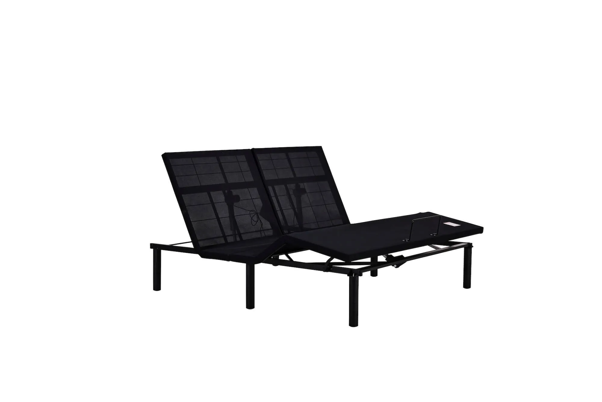 Black adjustable bed base, visible from the front, with both sides raised in white studio.
