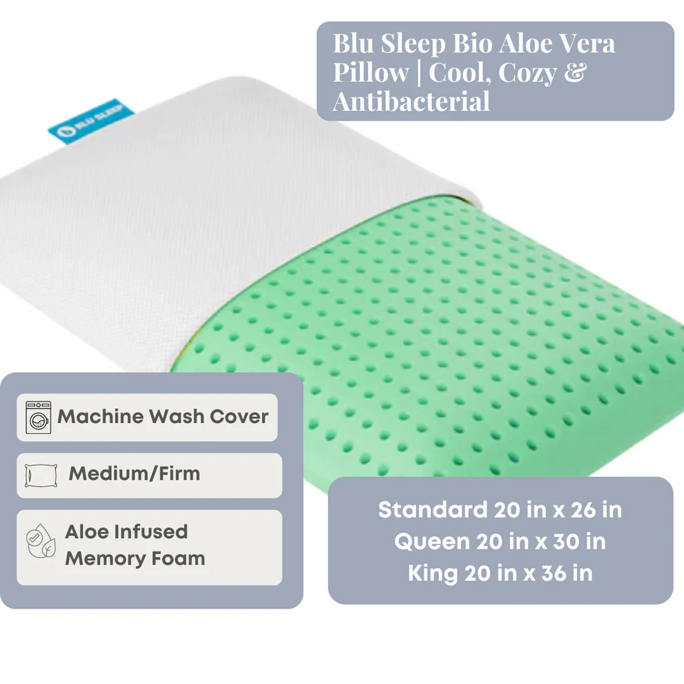 Blu Sleep Bio Aloe Vera Pillow with white cover and green ventilated memory foam