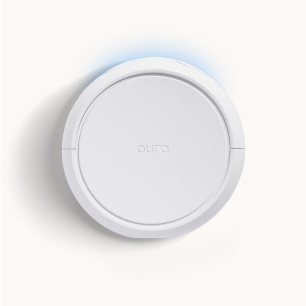 Pura 5 smart fragrance diffuser, white and round with glowing blue light.