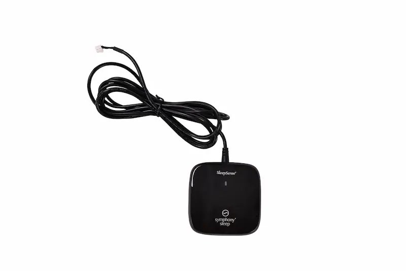 Black SleepSense Microphone by Symphony Sleep with coiled wire connection.