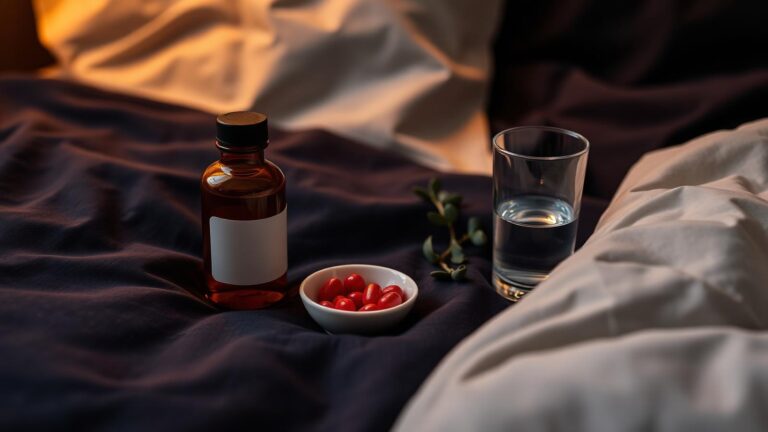 Hemp Bombs CBD sleep gummies bottle on navy linen bedding with eucalyptus and water glass