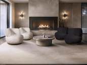 Stylish living room with two white and two black Selene chairs around a coffee table